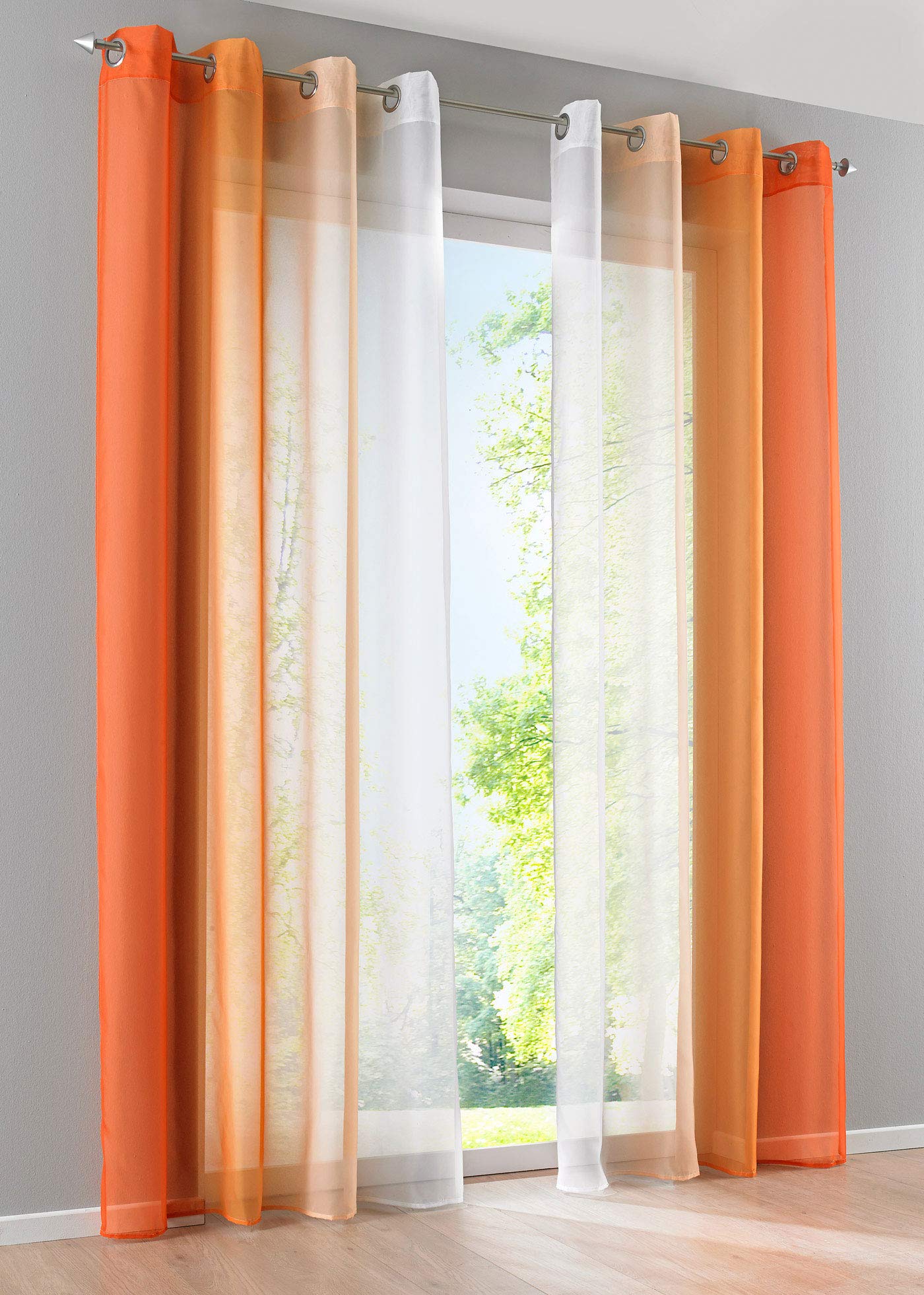 Modena 10000183 Vertical Gradient Print Transparent Curtains with Eyelets and Tiebacks 175 x 140 cm Orange Tones Pack of 2