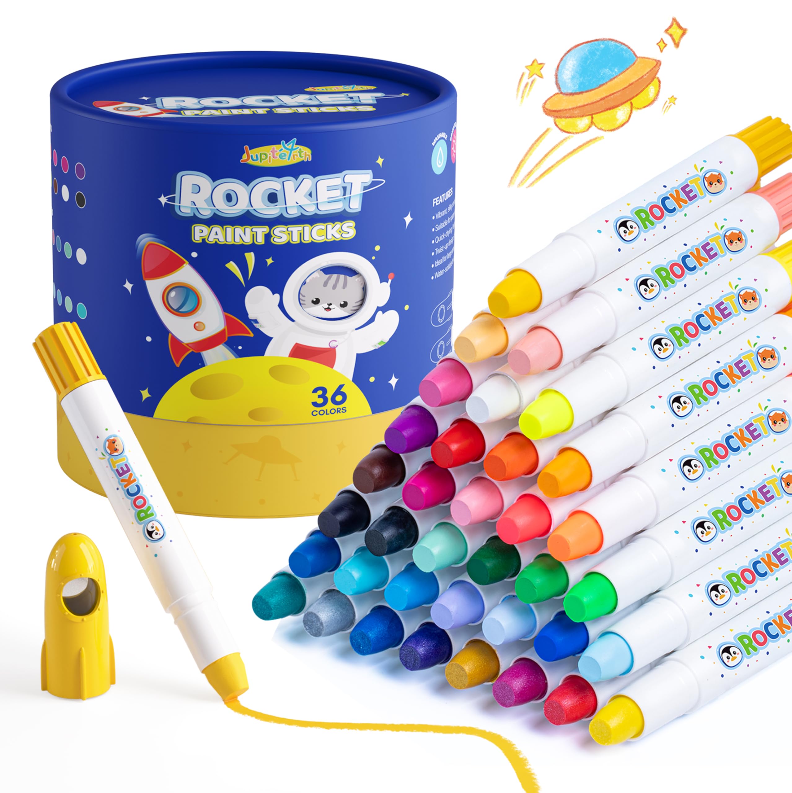 JUPITEARTH 36 Colors Rocket Tempera Paint Sticks with 120 PDF Coloring Pages, Quick Drying, Non-Toxic and Washable Paint Sticks for Kids and Students, Art Supplies for Drawing on Paper and Canvas