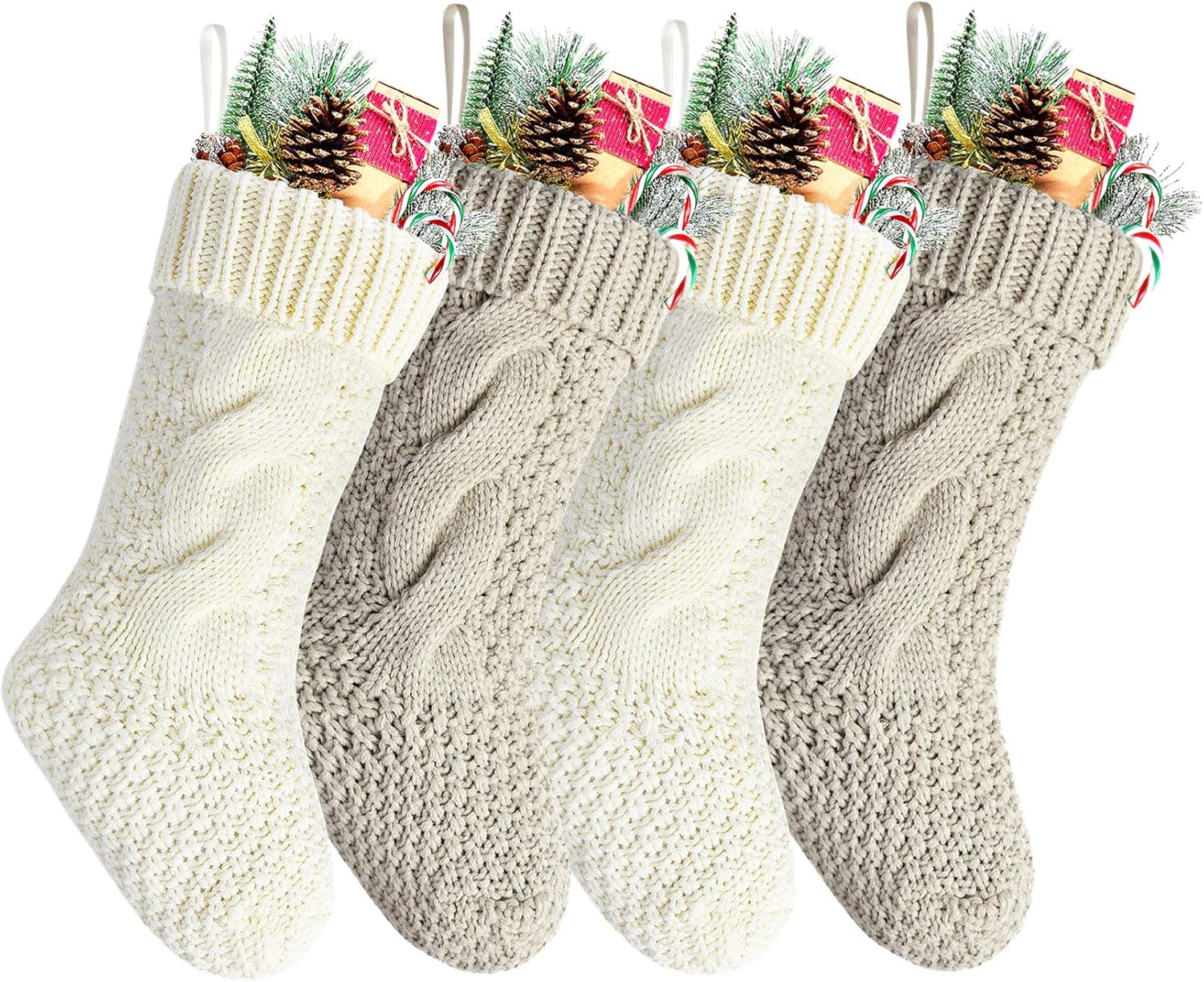 Stockings & Holders - Pack 4, Ivory White and Khaki Knit Christmas Stockings 14