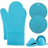 COOK WITH COLOR Silicone Oven Mitts- Heat Resistant Gloves with Soft Quilted Lining Oven Mitt Pot Holders for Cooking and BBQ, Teal, Mitt Set