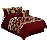 HIG 7 Piece Bed in A Bag Comforter Set Queen - Burgundy and Gold Faux Silk Fabric Embroidered - Breathable and Wrinkle Resistant - 1 Comforter, 2 Shams, 3 Decorative Pillows, 1 Bedskirt