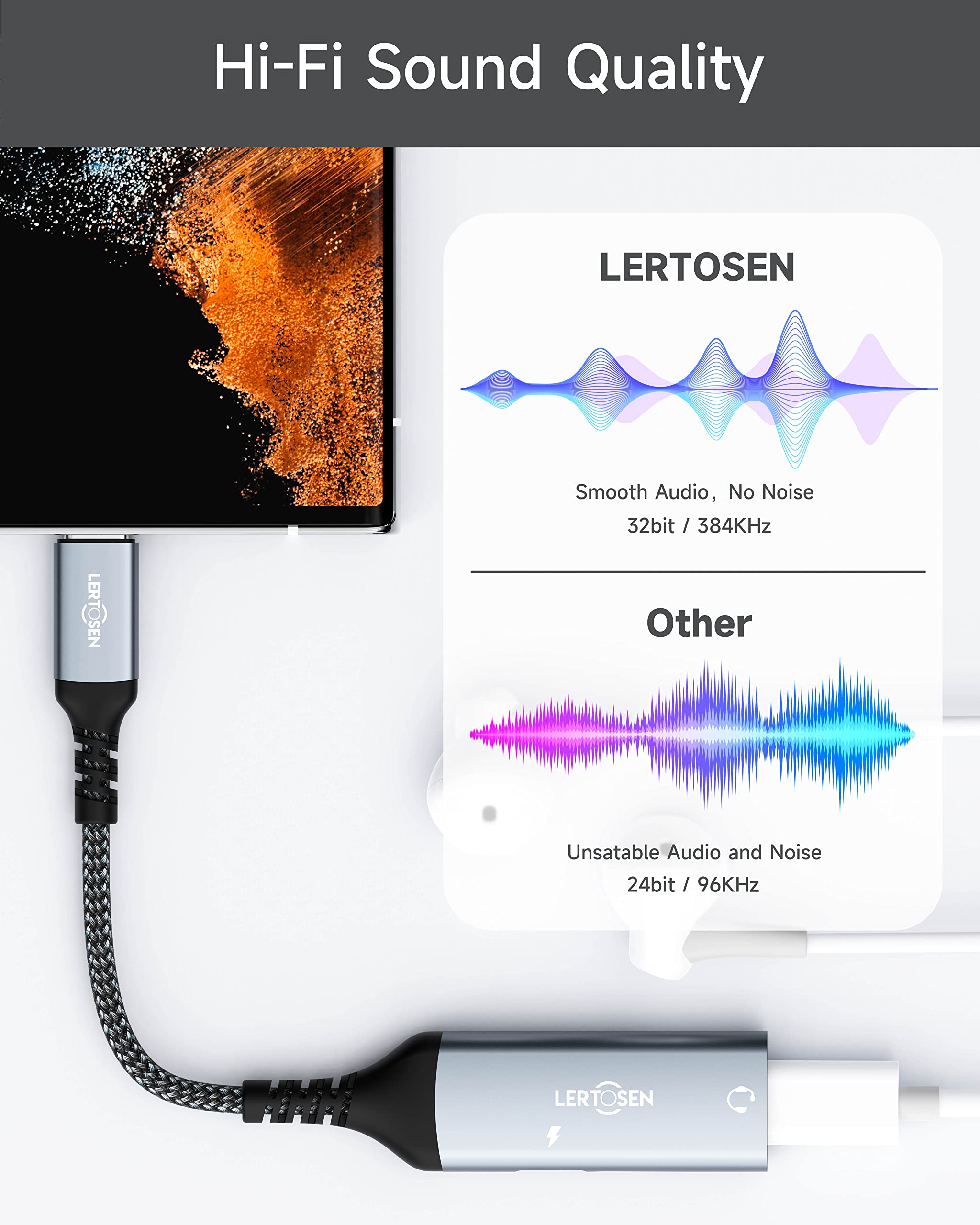 LERTOSEN USB C Splitter, Dual USB C Headphone and Charger Adapter,2-in-1 Type C Audio Dongle Cable with PD 60W Fast Charging Support Call Music for Pixel 4 3 2 XL,Galaxy S24 S23 S22 S21 S20,Xperia