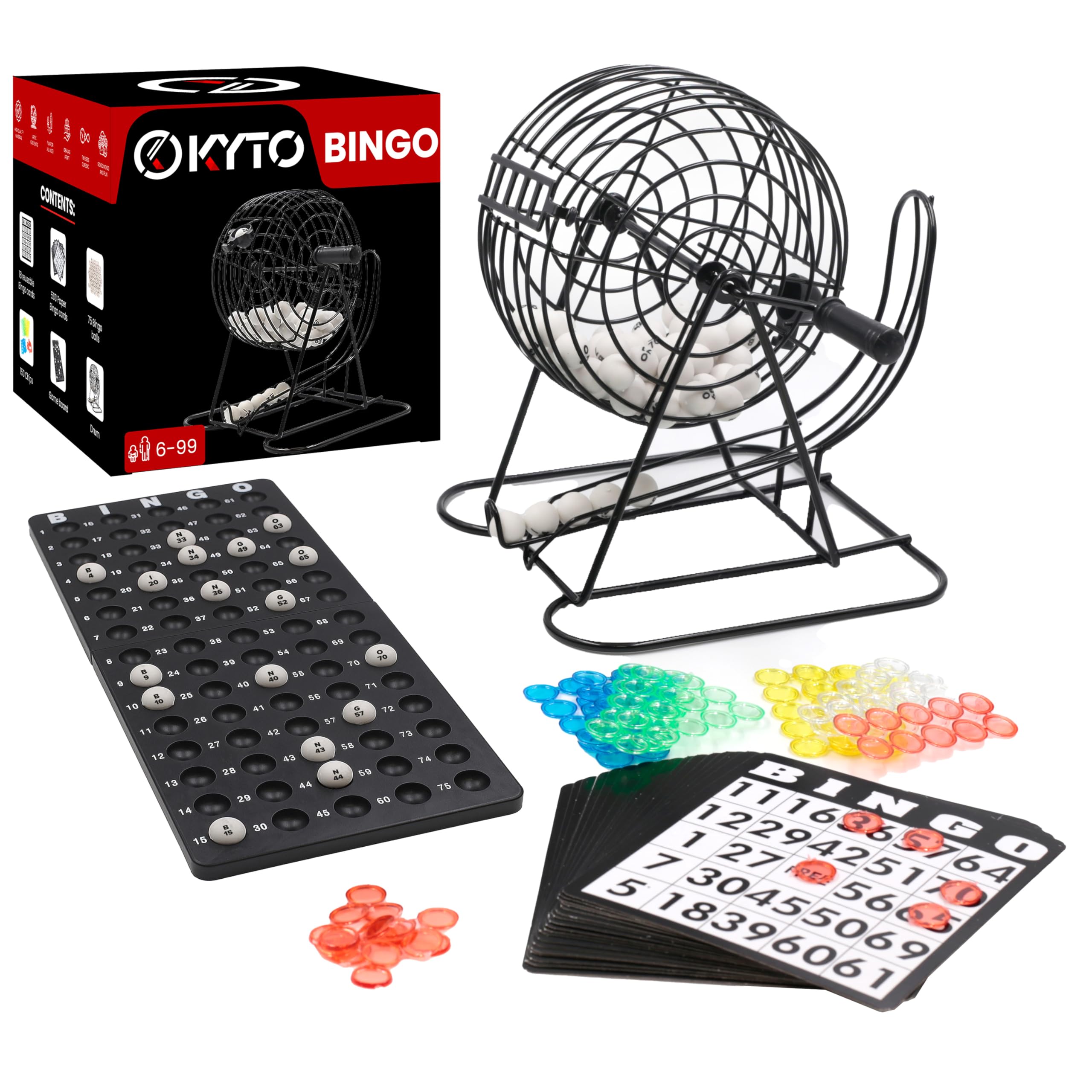 Bingo game Black metal drum 18 bingo tickets 75 bingo balls 150 chips game board + 500 bingo cards for adults + children