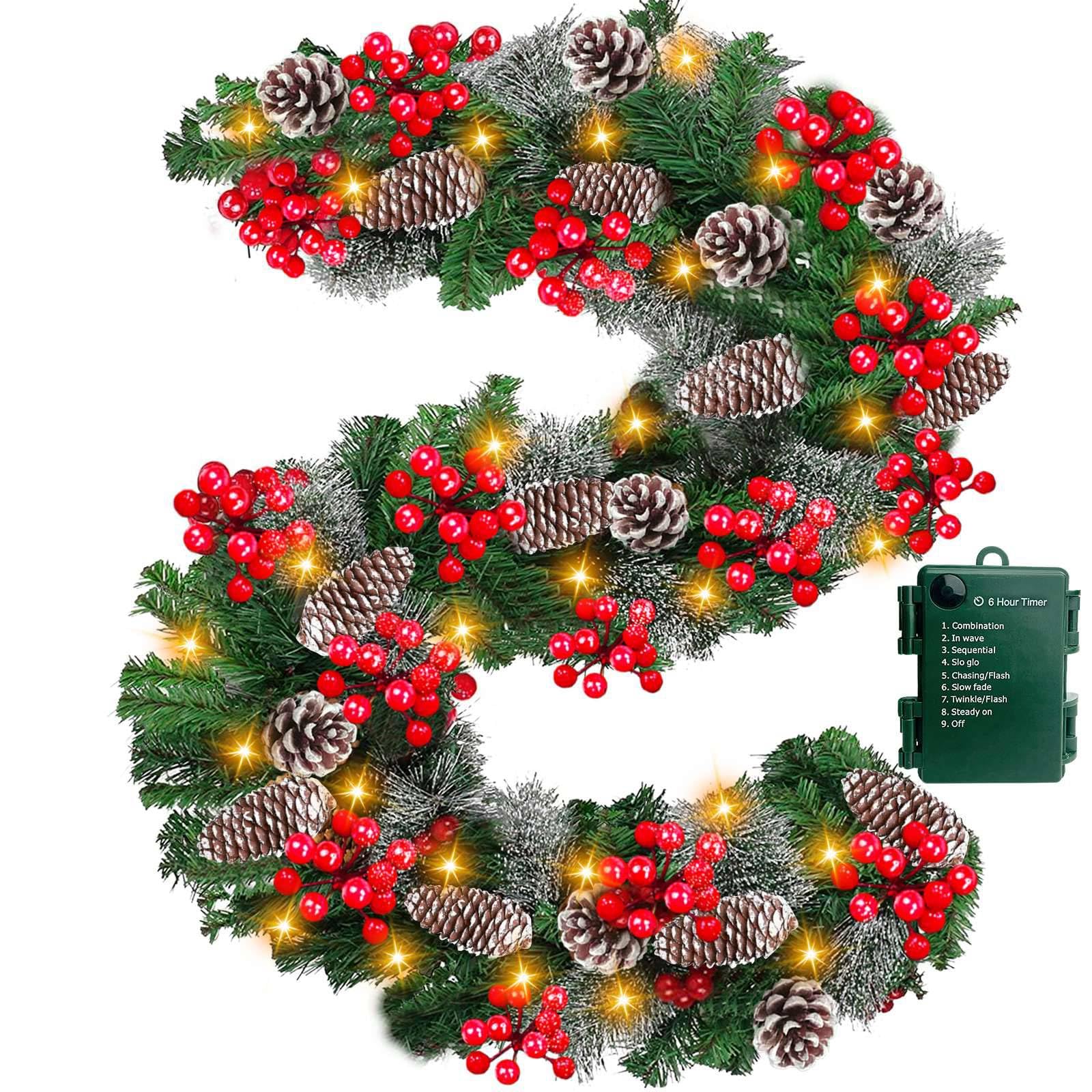 Photo 1 of Timer 8 Mode - 9Ft by 10 Inch Prelit Christmas Garland with 50 Warm Lights,Thick 270 Snowy Tips 70 Red Berry 10 Pinecone Battery Operated Real Touch Cedar Xmas Garland Door Mantle Indoor Outdoor