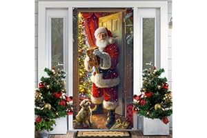 BLISSYARD Festive Christmas Santa Claus Door Banner Decorative Polyester Holiday Door Cover with Christmas Tree and Dog, Perfect for Indoor and Outdoor Christmas Decorations 71 x 35in
