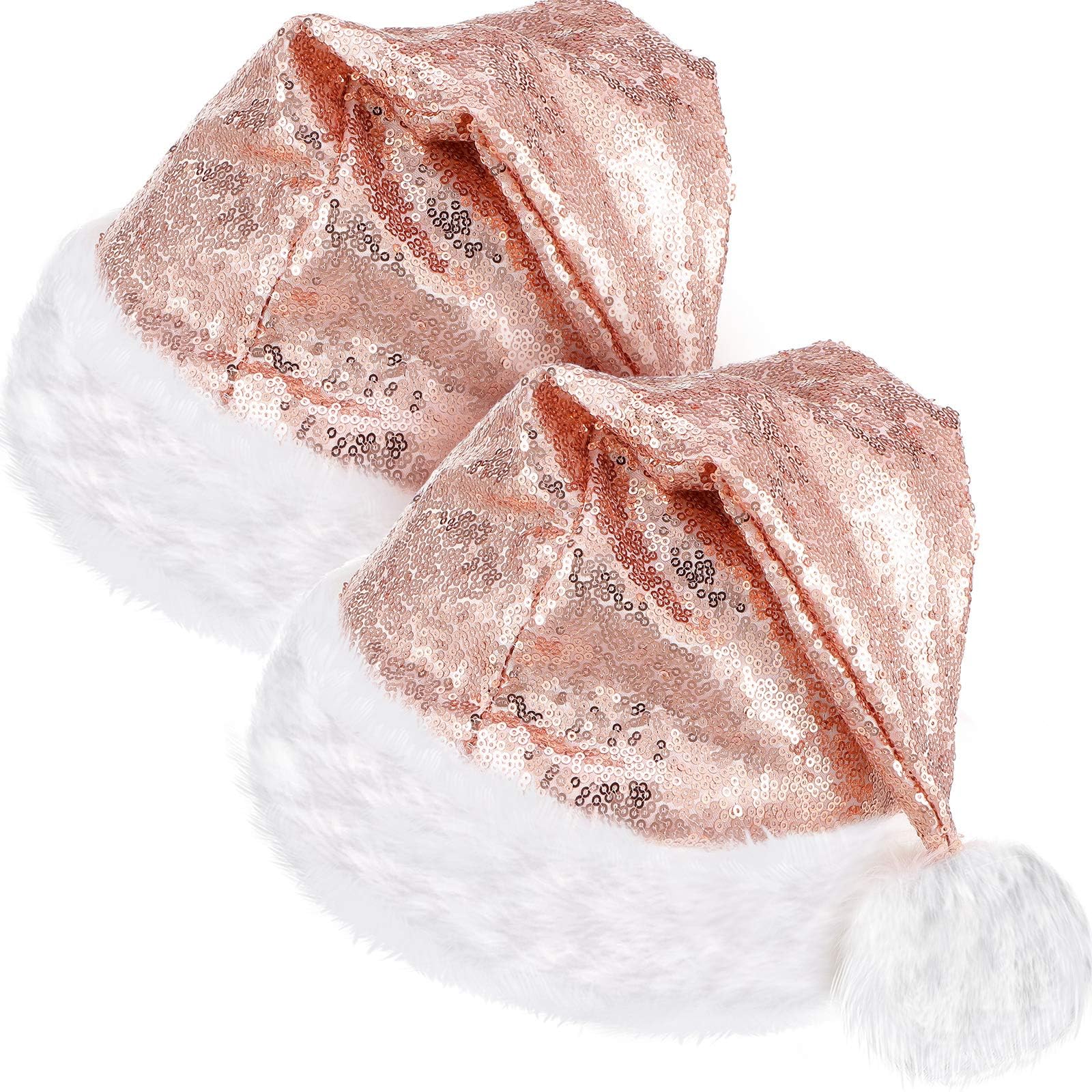 SATINIOR 2 Pcs Adult Sequin Santa Hat Unisex Christmas Hat Santa Claus Cap Xmas Hat with Lining and Plush Brim for Women Men(Rose Gold) — image 1