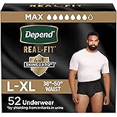 Depend Real Fit Adult Diapers, Incontinence Underwear for Men, Disposable, Maximum Absorbency, Large/Extra Large, Black, 52 Count (2 packs of 26), Packaging May Vary