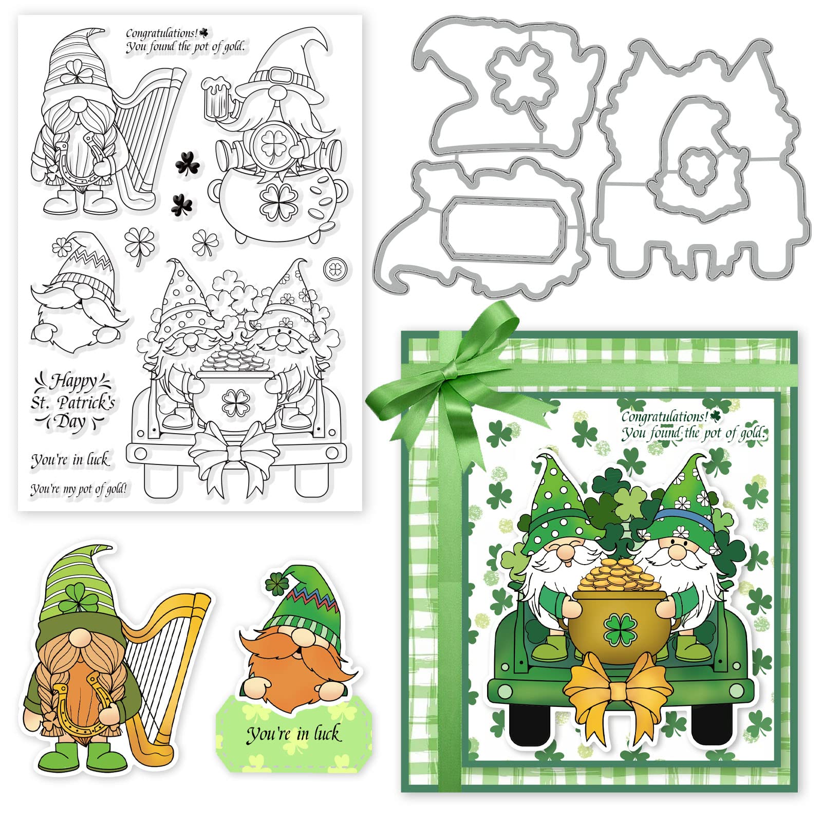 INFUNLY St. Patrick's Day Gnomes Clear Stamps and Dies for Card Making Happy St. Patrick's Day Words Rubber Stamps Cute Gnome Cutting Dies Banner Die Cuts for Scrapbooking Journaling Crafts Supplies