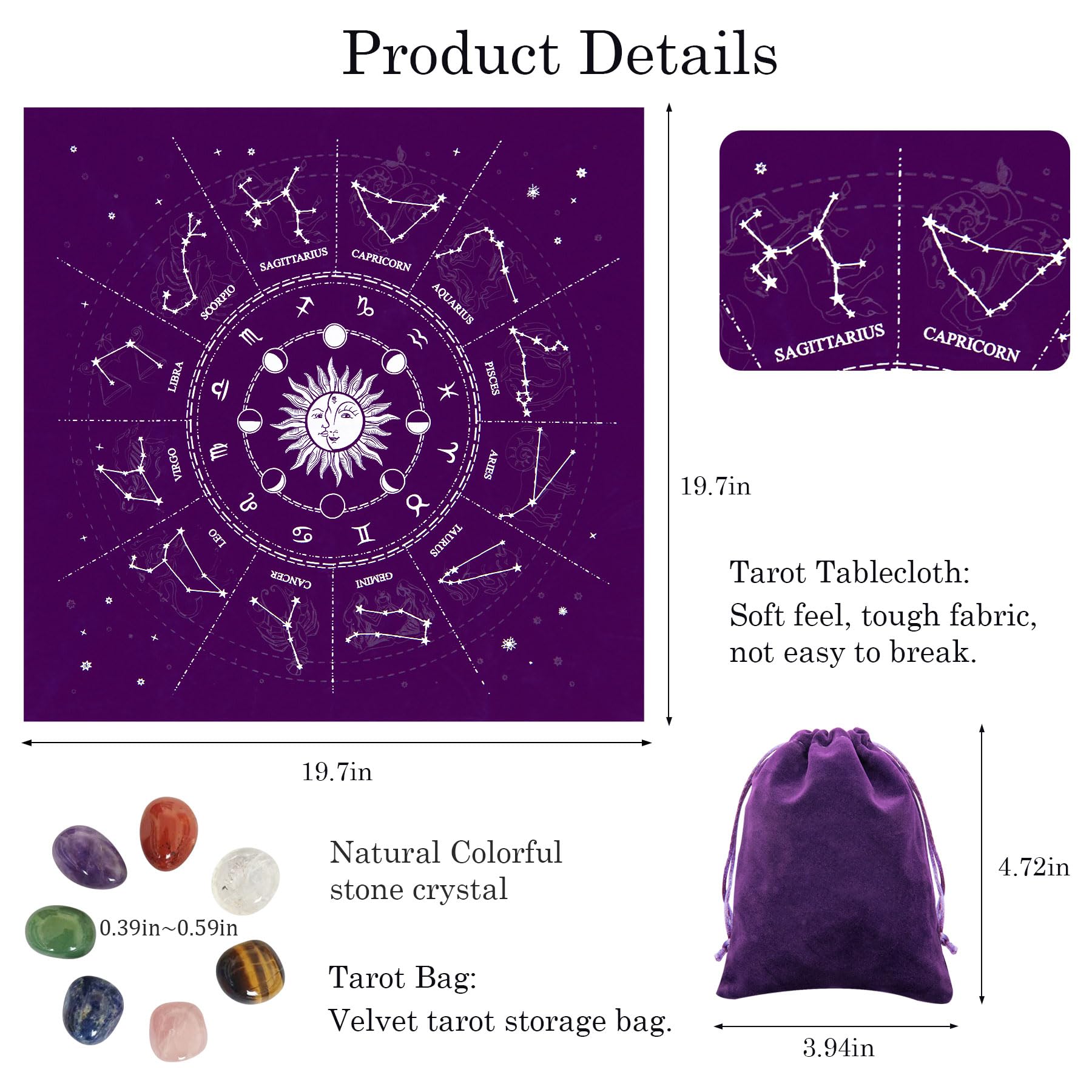 Knana 9Pcs Velvet Tarot Card Cloth Altar Cloth Tarot Cards Mat with Tarot Card Bag Crystals 19.7 x 19.7 inches (Purple)
