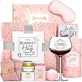 50th Birthday Gifts for Women - 50th Birthday Gifts for Her Happy Birthday Gifts for 50 Year Old Woman with Blankets Wine Glass 1975 Rose SPA Gifts Care Package for Women, Mom, Sister, Friend, Wife