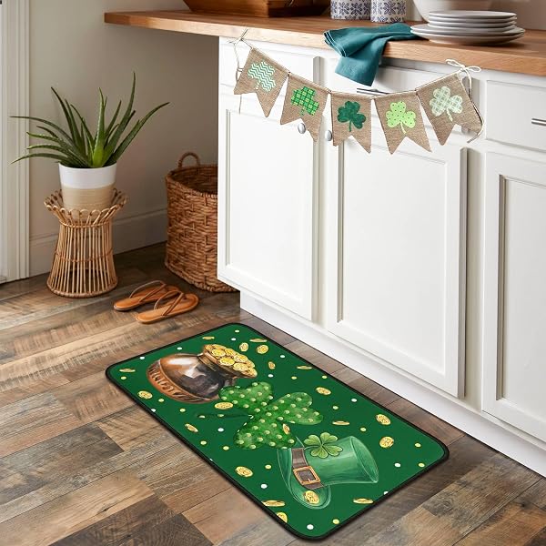 NOULMEA ST. PATRICK’S DAY CLOVER KITCHEN RUGS SET OF 2, IRISH SHAMROCK POLKA DOT STRIPED & POT OF GOLD COIN PRINT FLOOR DOOR MAT HOME DECORATIONS 17″X47″+17″X30″