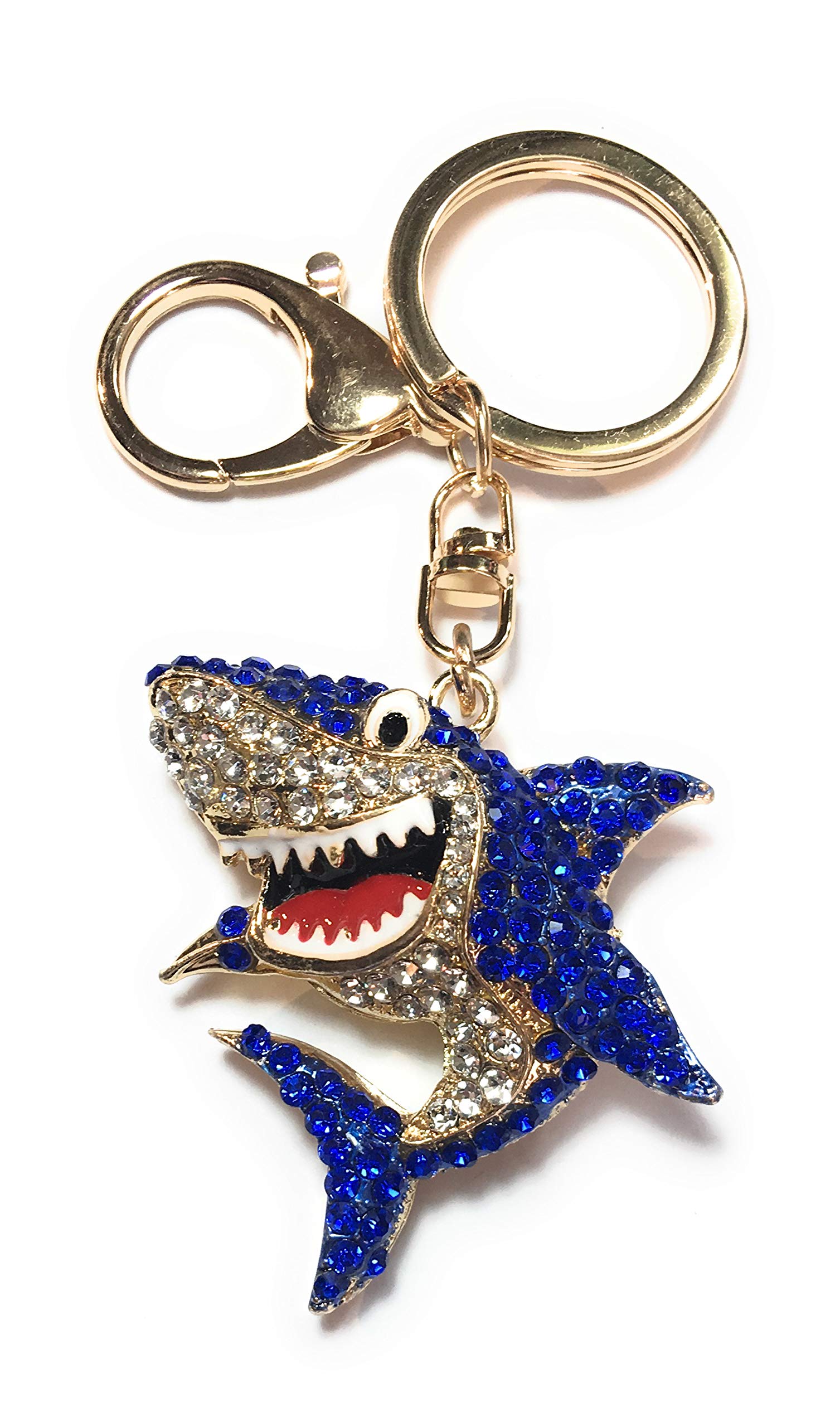 FizzyButton Gifts Shark keyring key ring and lobster clasp with hollow gold tone enamel and rhinestone charm