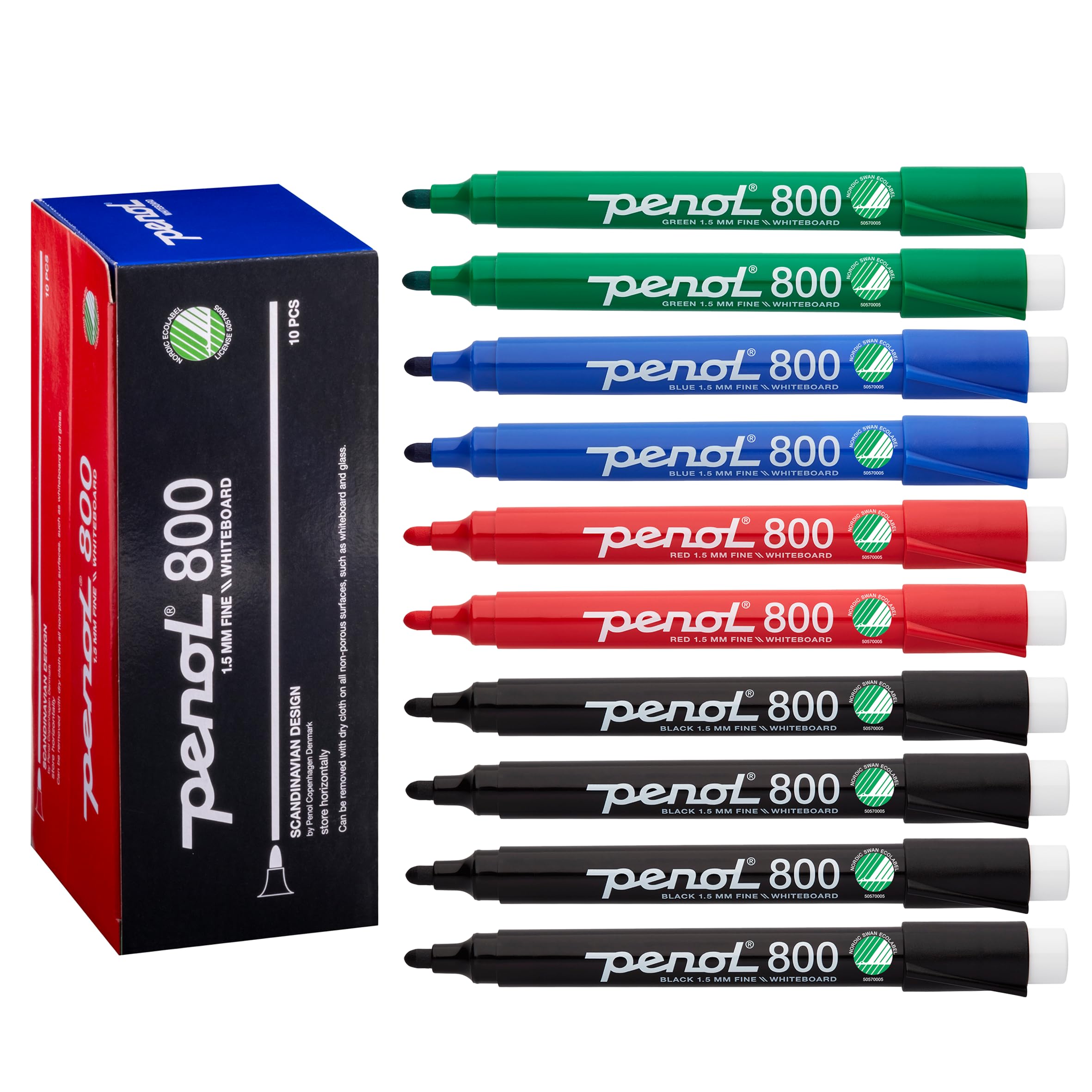PENOL Whiteboard Markers, 10 Whiteboard Pens in Multicolours - 800, 1.5mm Bullet Tip Dry Erase Marker with Nordic Swan Ecolabel, Non-Toxic & Odorless Board Pens for Office, Schools and Home
