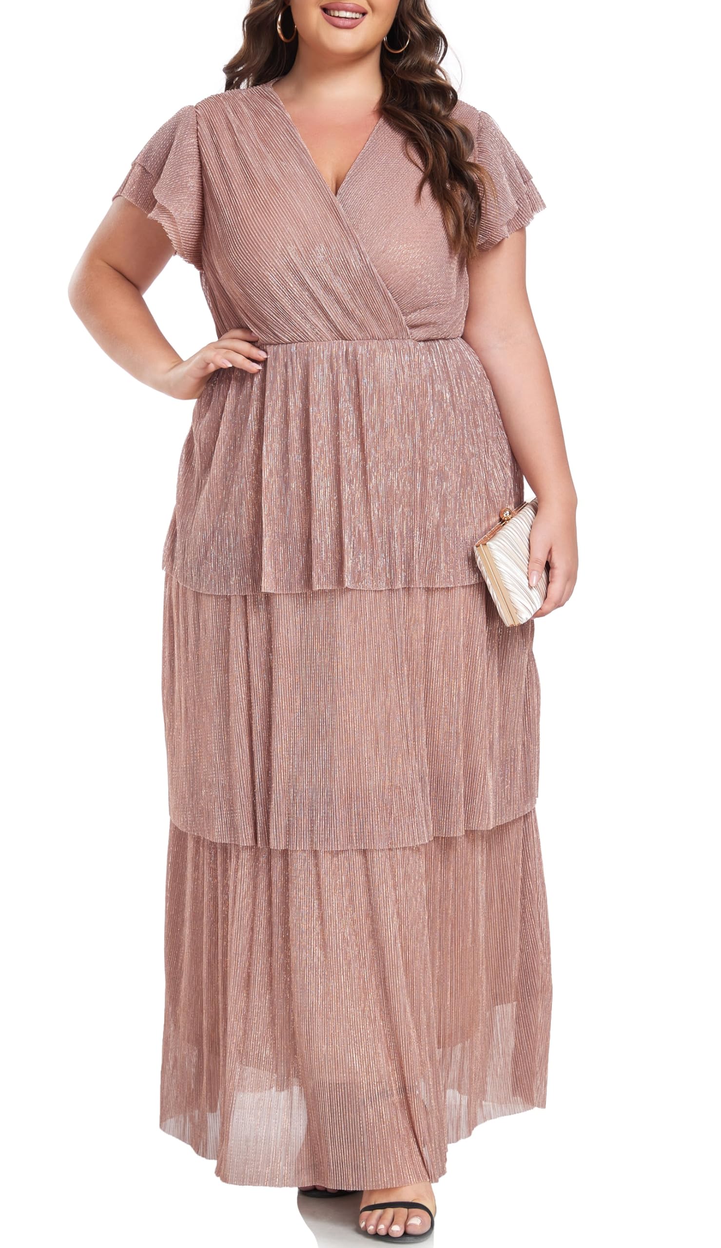 Photo 1 of (3XL) (BAGGED) Carrdc Plus Size Maxi Dress for Curvy Women Short Sleeve Tiered Cocktail Dress (Champagne,3X)