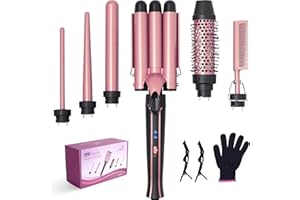 Asani Curling Iron Wand Set 6-in-1 - Beachwaver Hair Curler with 3 Barrel Hair Crimper, Tapered, Spiral Curling Iron - Fast Heating Travel Hot Styling Tools for Women with Dual Voltage (110-240V AC)