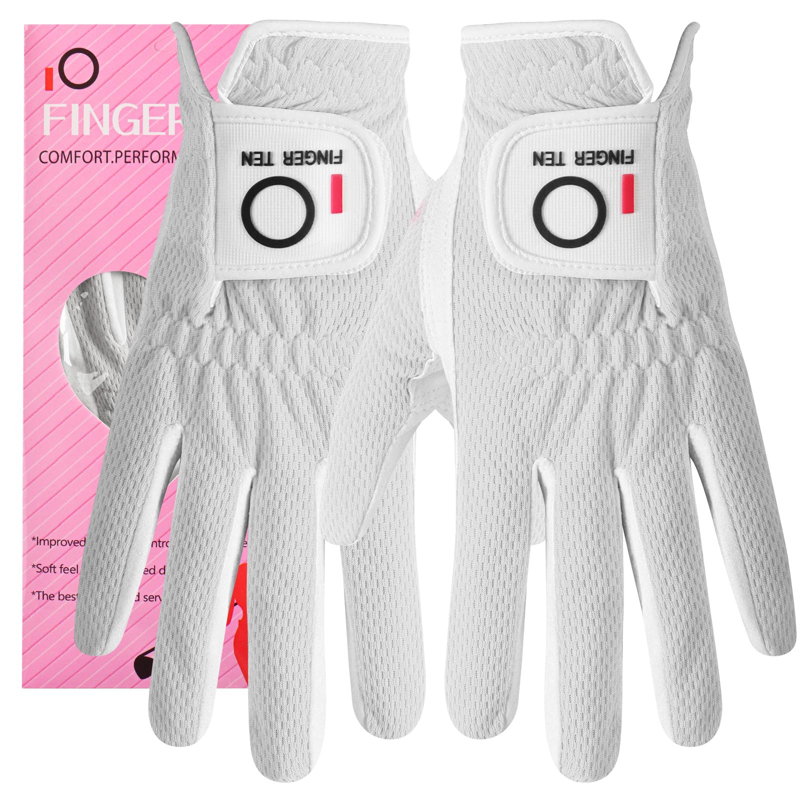 FINGER TEN Women’s Golf Glove Left Hand Right Microfiber Grip Rain Hot Wet All Weather Both Hand Pair, Ladies Golf Gloves Soft Flexible Durable Wear Resistance Good Grip (White, M)