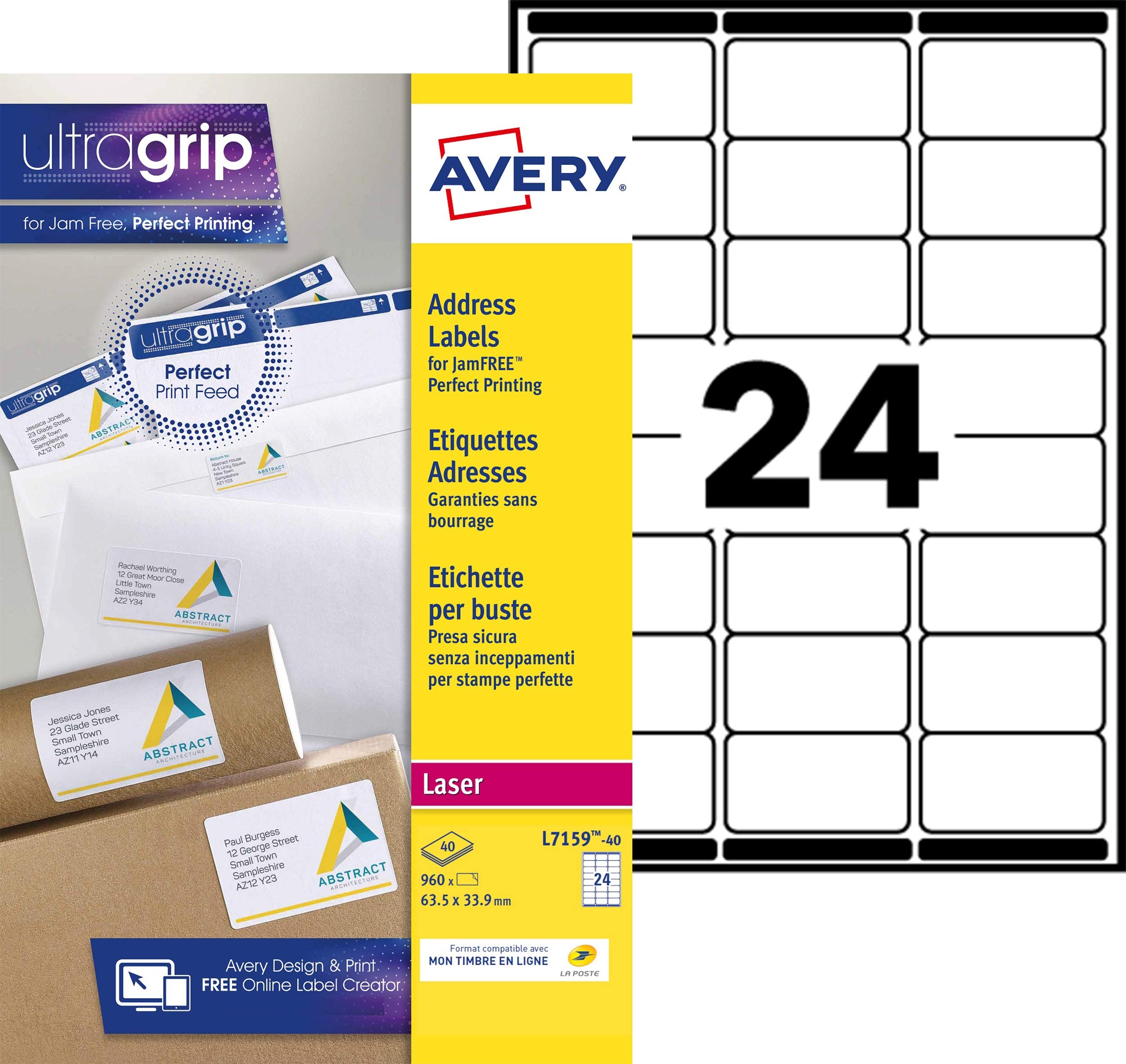 Avery 960 Pieces White Self-Adhesive Labels L7159-40 63.5 x 33.9 mm A4 Paper A4 Sheet for Laser Printers Anti-Jam FSC Certified Addressing Shipping