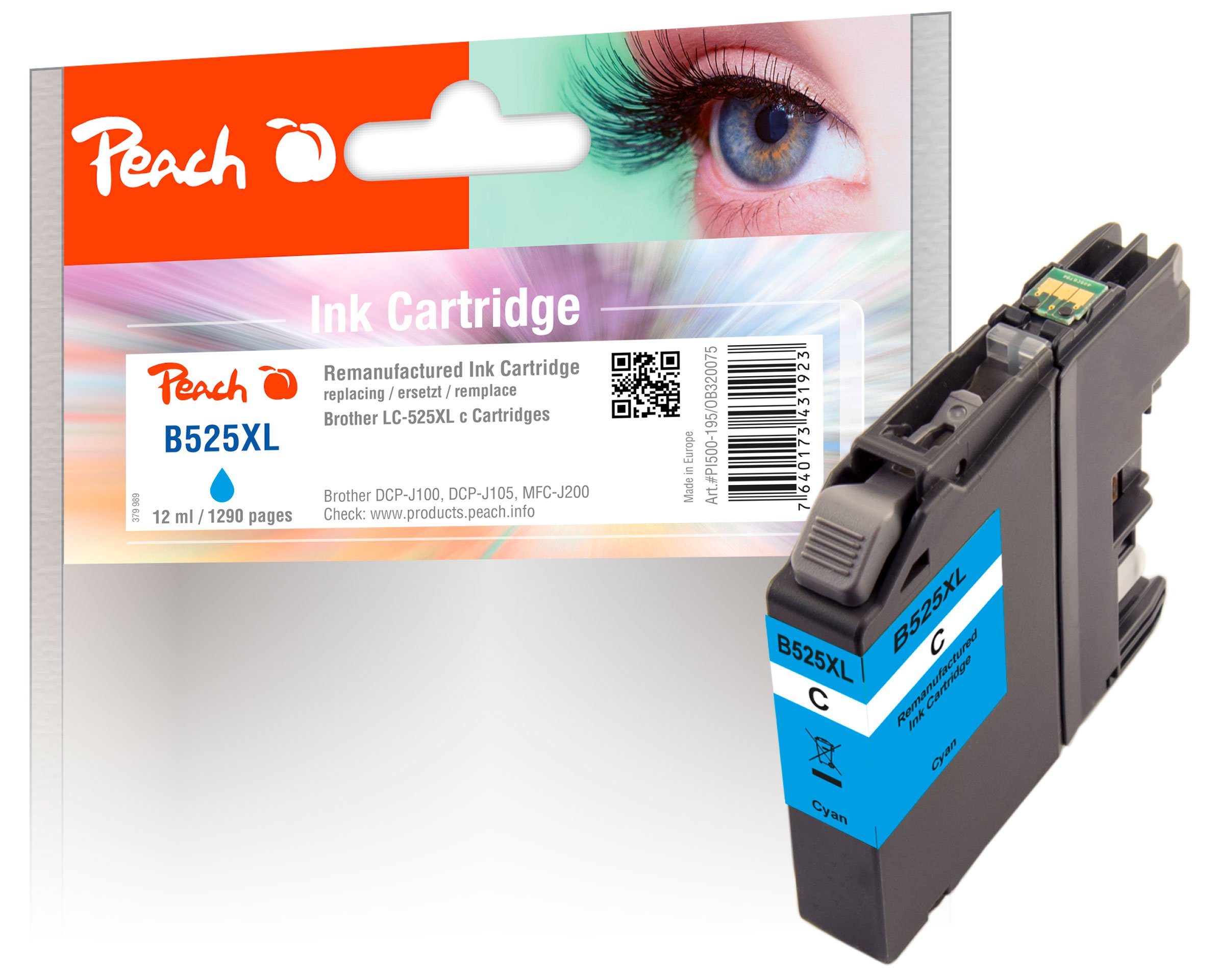 Peach Ink Cartridge Cyan, Compatible with Brother LC-121/LC-123 525XL C