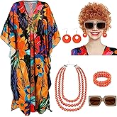 Maiteenly 6 Pcs Carnival Landlady Women Costume Curly Wig Print Caftan Dresses Jewelry Set and Sunglass for Cosplay Party