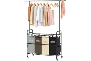 Tajsoon Laundry Sorter Cart with Hanging Clothes Rack, 4 Butler Sorter Basket Organizer, Laundry Hamper Cart with Heavy Duty Rolling Lockable Wheels, 4 Colors