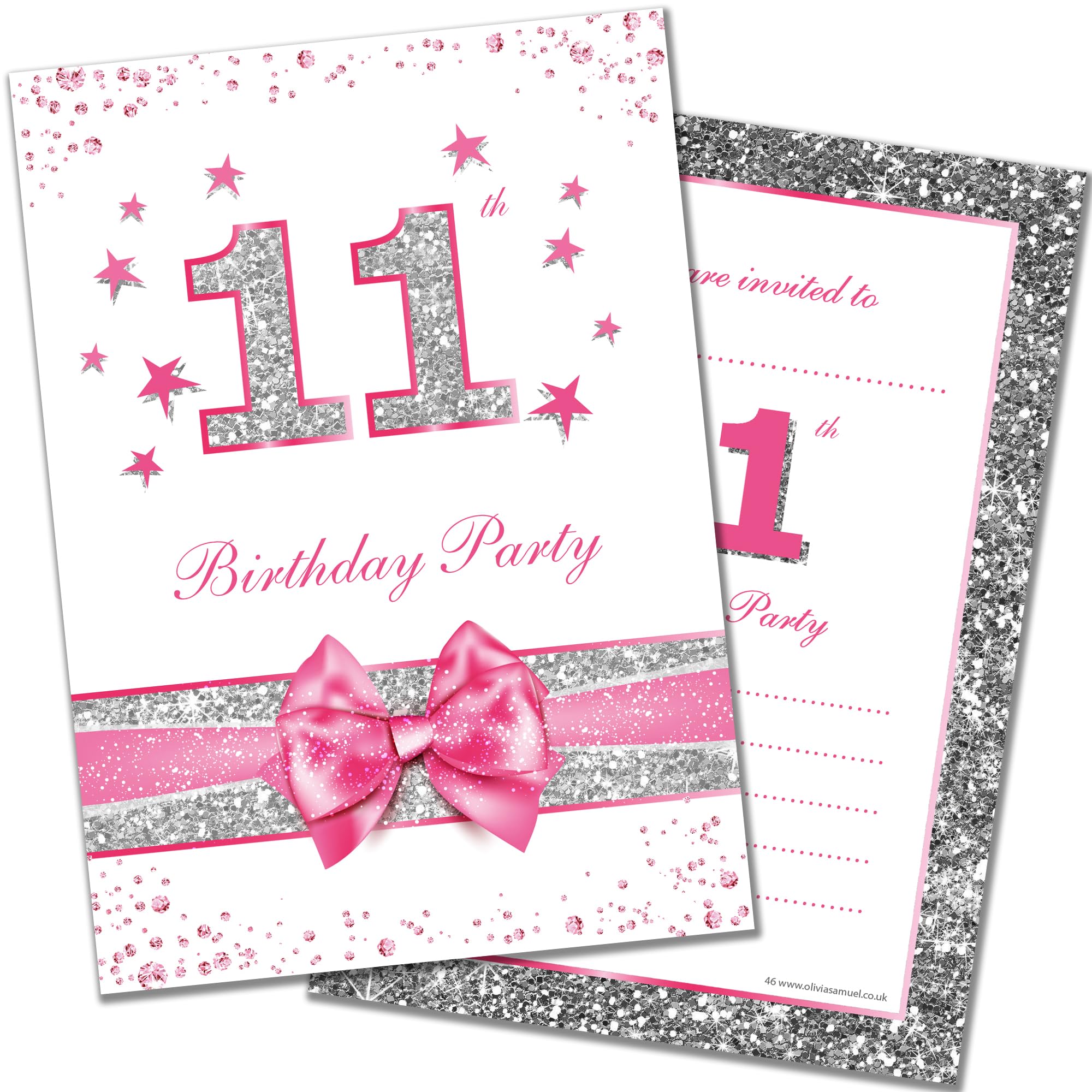 Olivia Samuel 20 x 11th Birthday Party Invitations from Pink Sparkly Design and Photo Effect Silver Glitter - A6 Postcard Size with envelopes