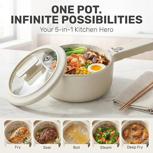 CERAMAX PRO ELECTRIC HOT POT WITH LID & STEAMER, 1.5L NON TOXIC CERAMIC COOKER SKILLET FOR RAMEN, EGGS, PASTA FOR DORMS, CAMPING, RVS, WORK, ADJUSTABLE TEMP. – NEW IMPROVED 2026 MODEL