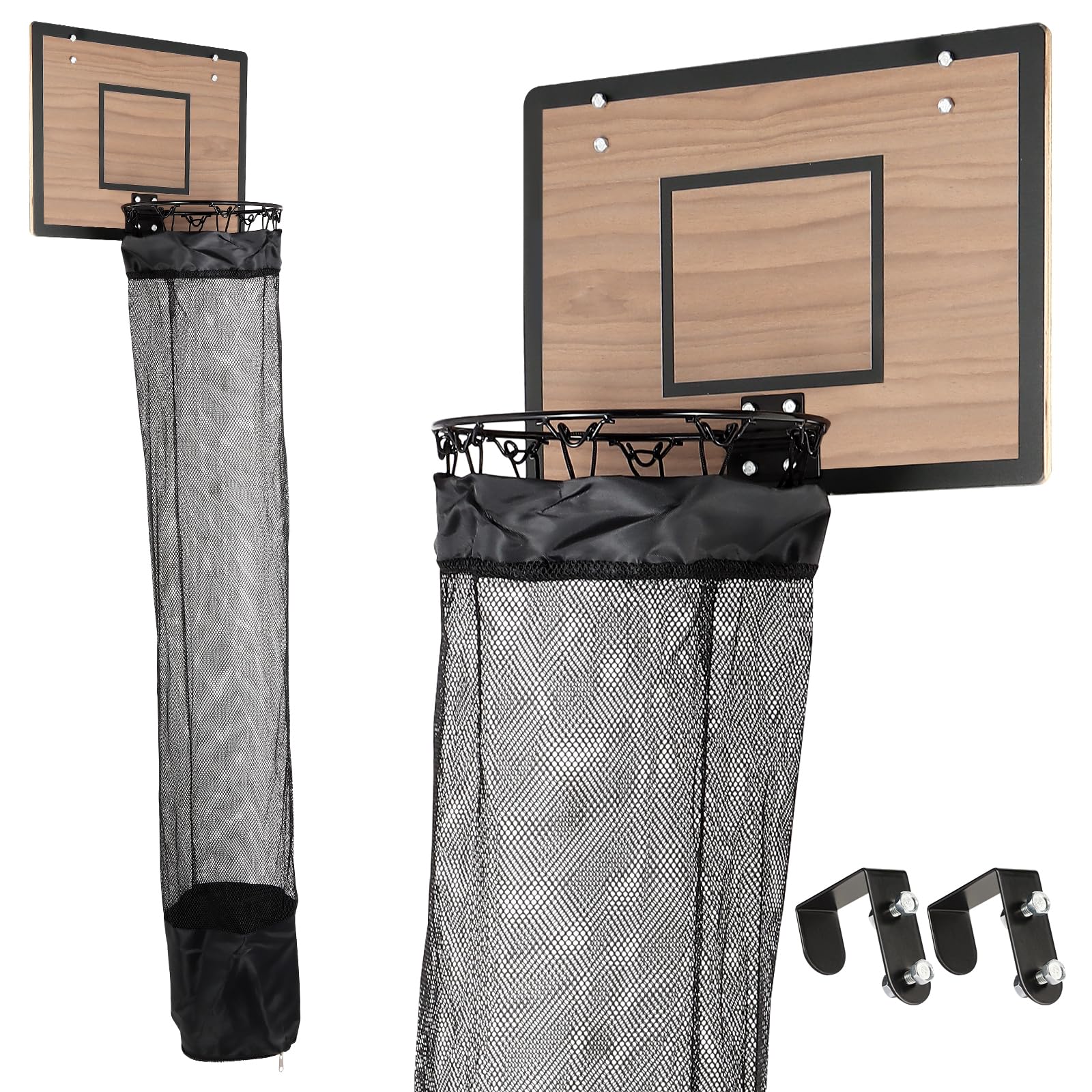 Photo 1 of DRXX FEXE Over the Door Basketball Hoop Laundry Basket ,Wooden Basketball Laundry Hamper with Zipper for Kids Room,Dorm Rooms,Bathroom,Saving Space Storage and Organization (Walnut)