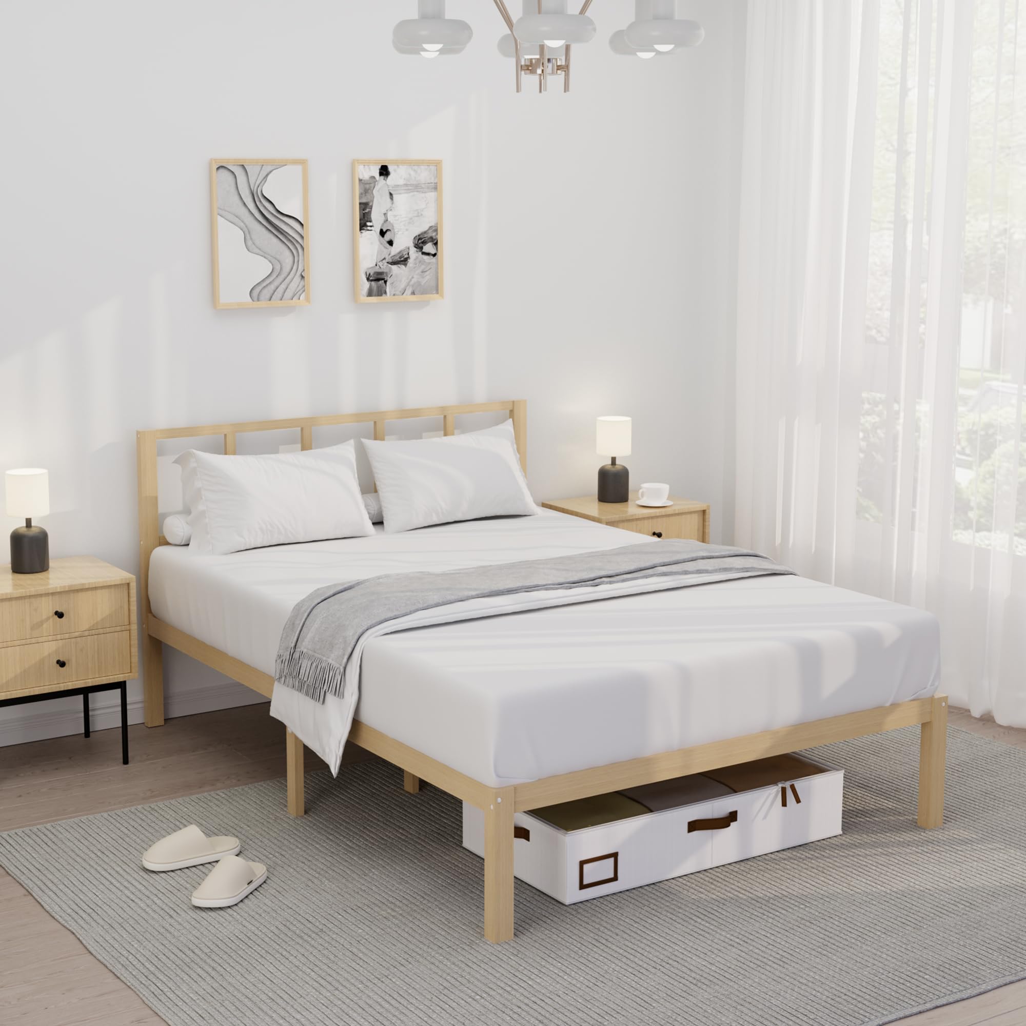 Photo 1 of 14 Inch Bamboo Bed Frame – Solid Wood Platform Bed Frame, Strong and Stable, with Non-Slip Slats for Support, No Box Spring Needed, Easy to Assemble, Noise-Free (Natural with Headboard, Full)