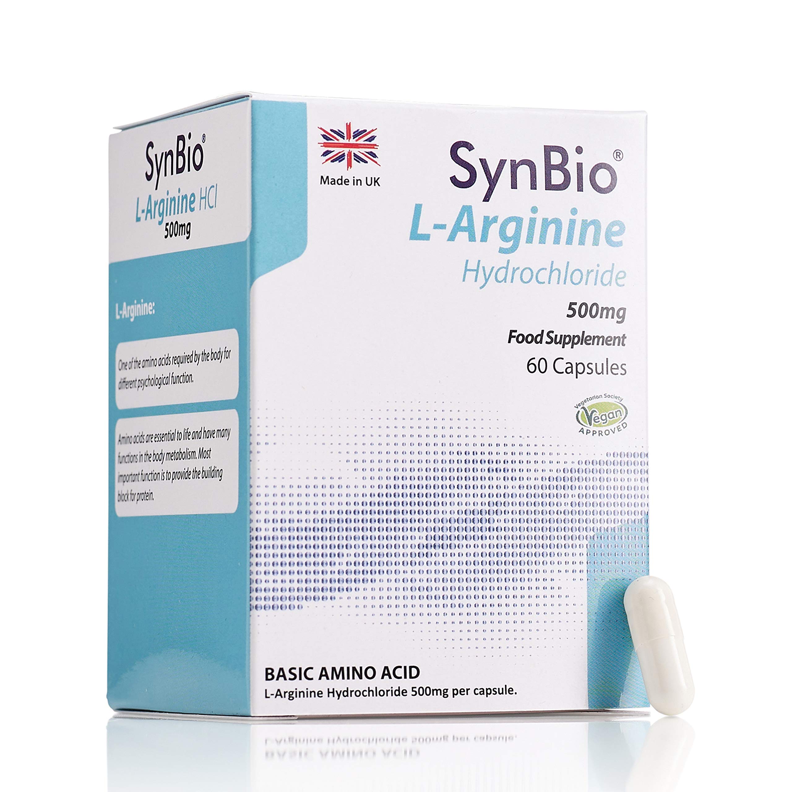 SynBio L-Arginine Hydrochloride 500mg | 60 Capsules | Vegan | Nut Free | SOYA Free | Dairy Free | Yeast Free | Sugar Free | Gelatin Free | Made in The UK