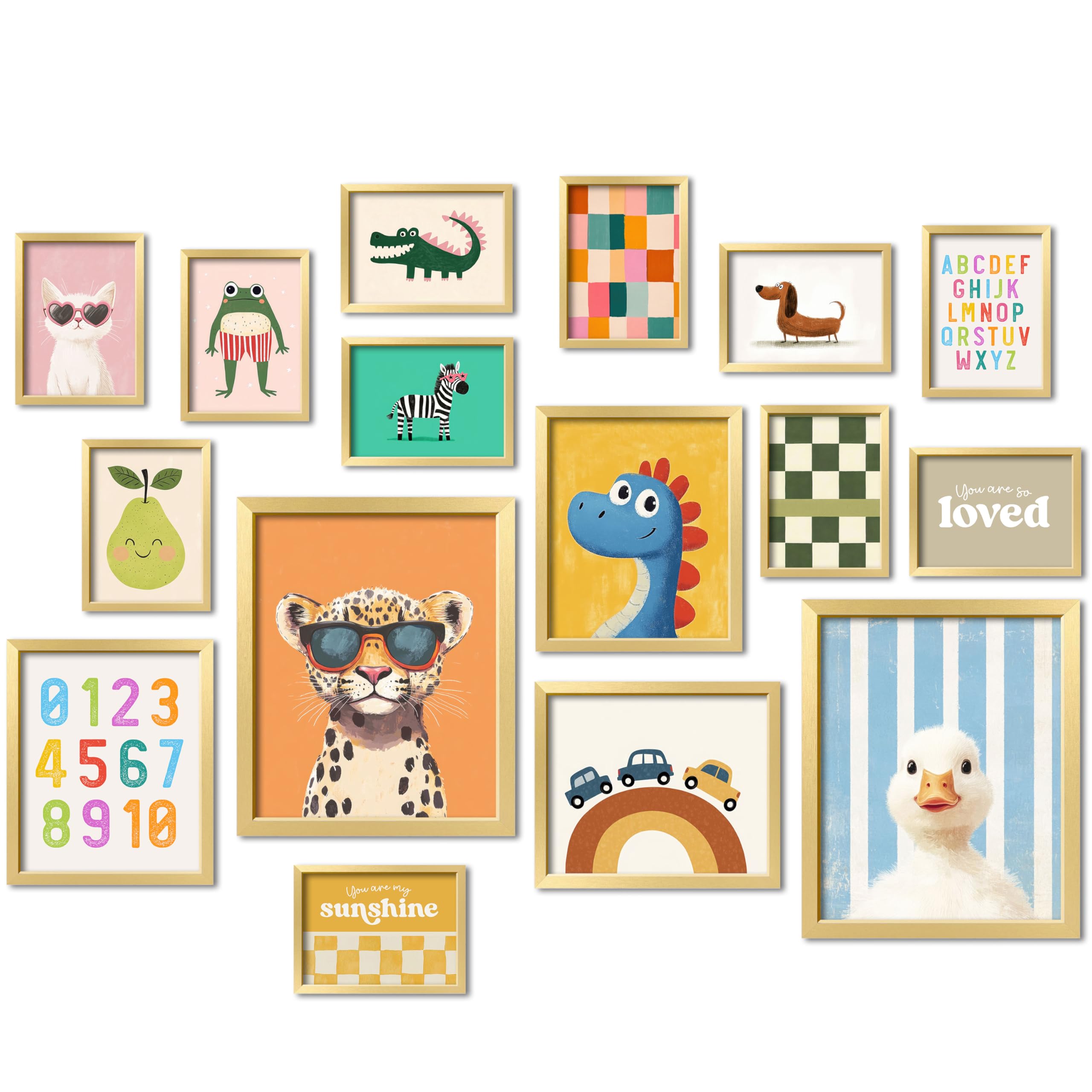 Photo 1 of 16 PCS Framed Kids Wall Art Decor, Baby Girl & Boy Nursery Decor, Toddler Room Bedroom Playroom Decor, Cute Colorful Animal Eclectic Gallery Wall Prints