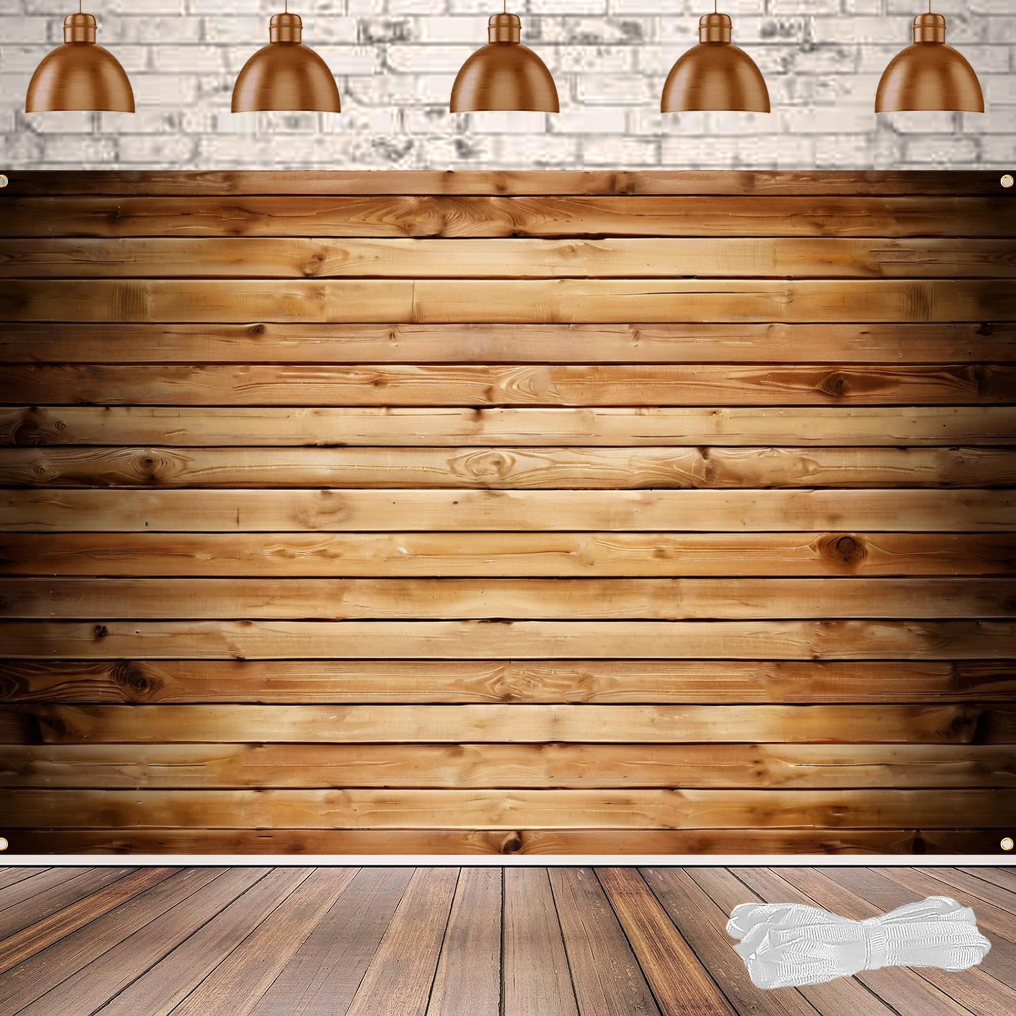 Photo 1 of Wooden Backdrop with 19.68FT Ribbon for Photography, Vintage Brown Wood Wall Background for Birthday Decorations (Wooden Backdrop, 7x5FT)