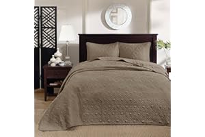 Madison Park Quebec Reversible Quilt Set Damask Design, Double Sided Stitching All Season, Lightweight Bedspread Bedding Set, Matching Sham, Khaki, King(120"x118") 3 Piece