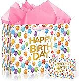 Colorful Balloon Gift Bag Happy Birthday Gift Bag with Handles Congratulations Card and Tissue Paper Pink Balloon Wrapping Paper Bags with Confetti Design for Kids Birthday Anniversary Party Decor
