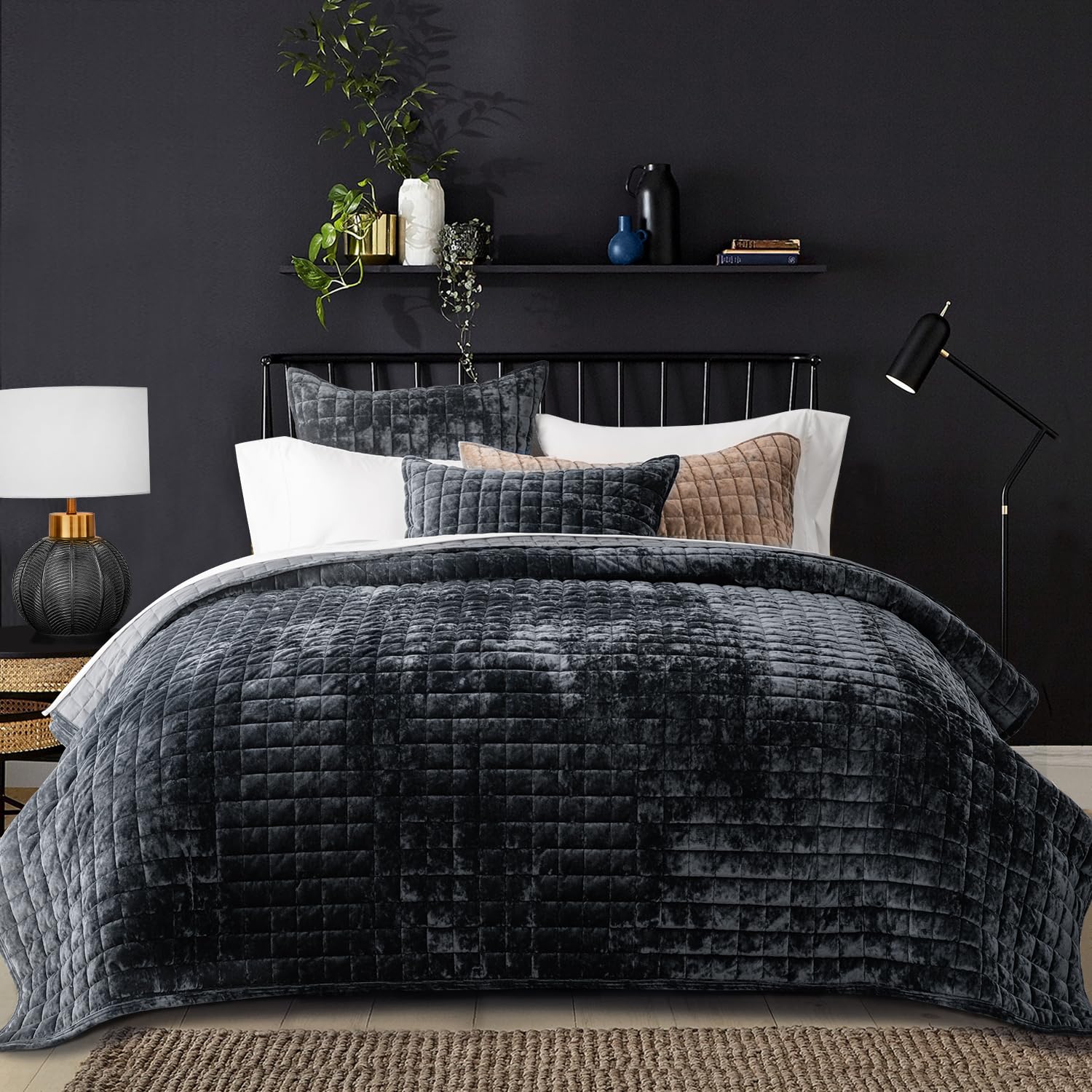 Photo 1 of RECYCO Luxury Velvet Quilt Set King Size Bedding Sets, Ultra Soft Velvet Comforter Set, Lightweight Channel Box Stitch Oversized Bedspread Coverlet for All Season, with 2 Shams, Black