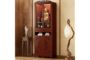 Meditation Altar Table Cabinet with Acrylic Dustproof Doors,Pull-Out Worship Platform & Storage Shelves,Bamboo Buddhist Cabin