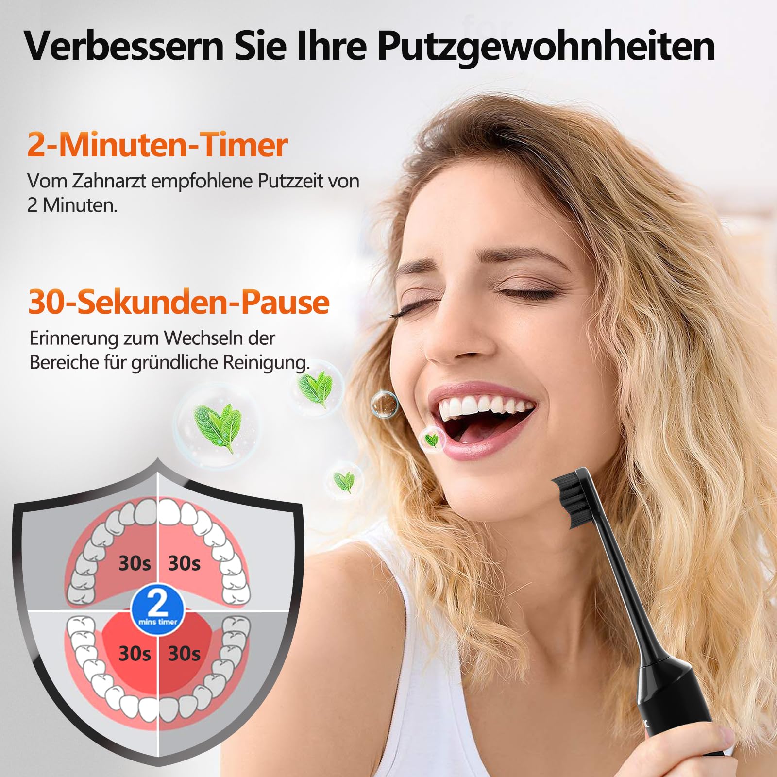 Elektrische Zahnbürste, Schallzahnbürste, Leise Zahnbürste Elektrisch Mit 3 Intensitäten 5 Modi, 40000VPM, IPX7, Zahnbürste Mit 180 Tagen Akkulaufzeit Und Timer, Ritter Schwarz 6