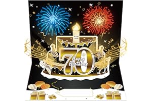 Turypaty 70th Birthday Cards Pop Up 3D Cake - Firework & Music & Blow Out Candle Light Funny Happy 70 Black Gold Birthday Card Gifts for Men, Women, Friends, Boyfriend, Dad, Mom, Husband, Wife