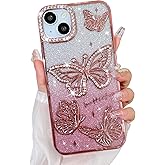 Bonoma Glitter Case for iPhone 15 Plus, Cute 3D Butterfly Pattern Plating Bling Case,Camera Protection Sparkly Slim Soft Back Cover for Women Girls,Pink