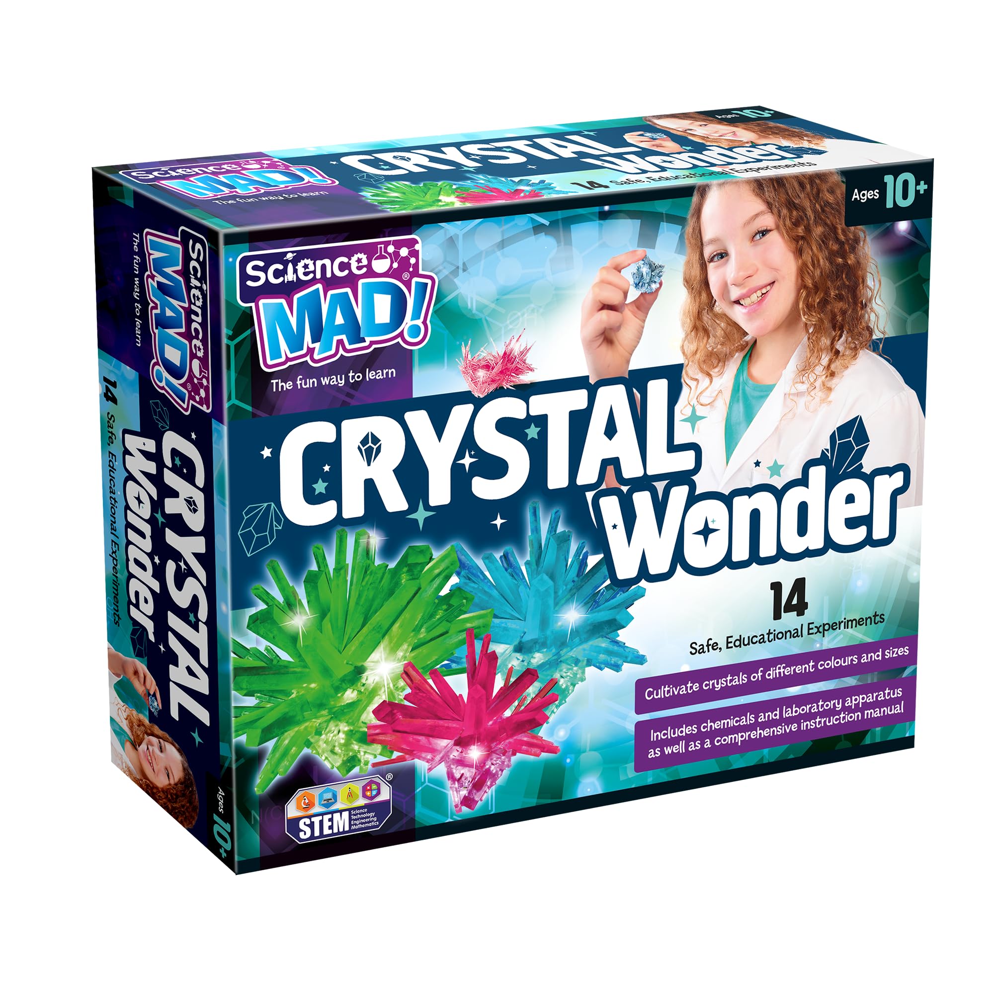 Science Mad - Crystal Wonder Kit - Learn About Crystal Cultivation With 14 Safe, Educational and Fun Experiments - Includes Chemicals, Apparatus and Detailed Instructions, 10+ Years