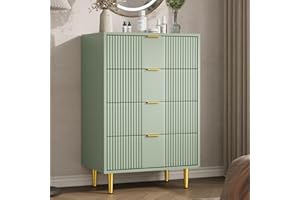 Olive Green Fluted Tall Dresser for Bedroom - 4 Drawers - Modern Wooden Chest with Metal Handles - Space-Saving Highboy Cloth