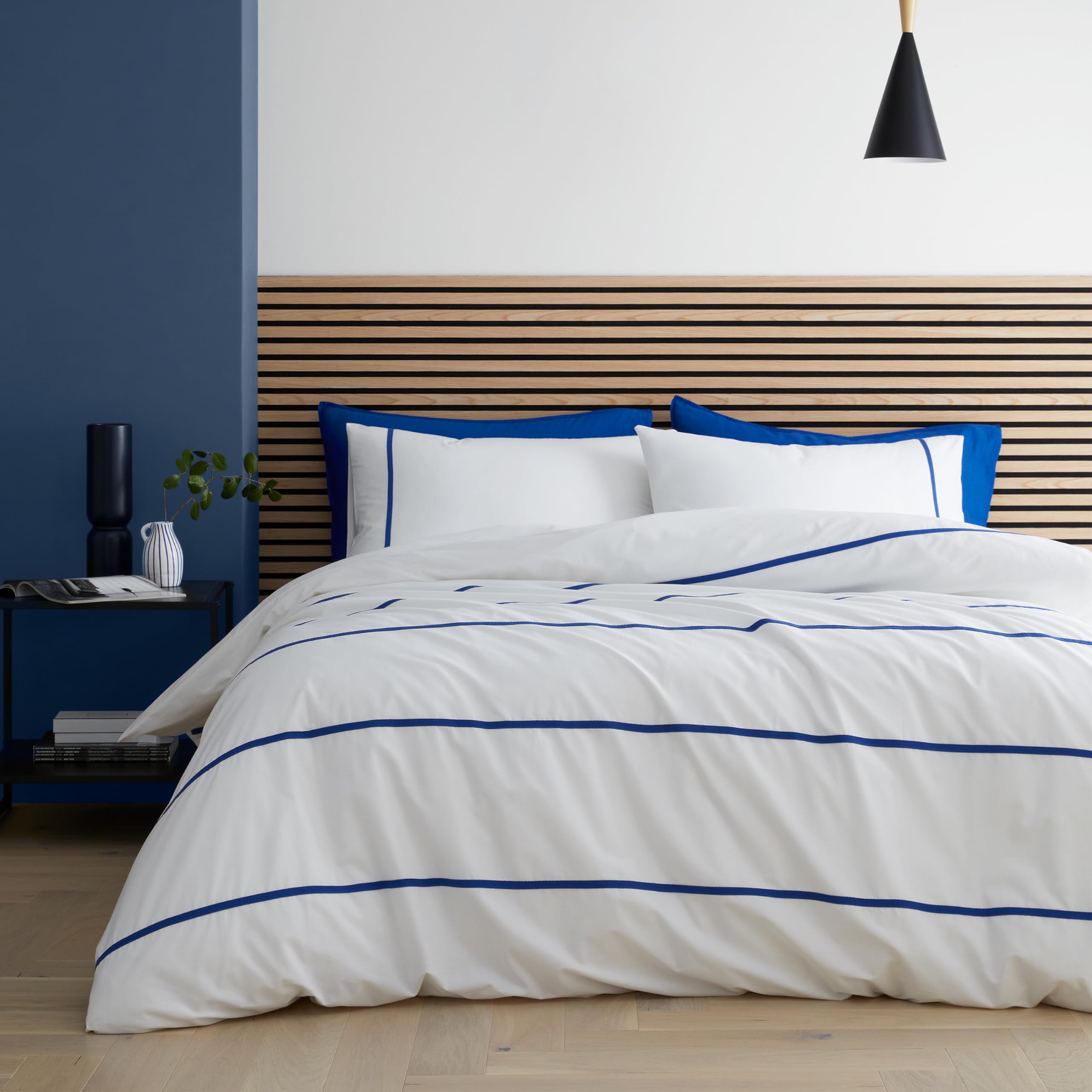 Content by Terence Conran Herringbone Trim Stripe 200 Thread Count Cotton King Duvet Cover Set with Pillowcases White Blue
