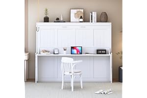 Ball & Cast Murphy Bed Full Size Hideaway Beds with Hydraulic Lift & Desk Design,Industrial Multifunction Wood Wall Cabinets Bedframe W/Hardware Chain,Space-Saving for Apartment,White