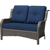 Gardenbee Wicker Patio Loveseat, 2 Seat Outdoor Couch with Thickened Olefin Cushions, High Back and Deep Seating, Hand-Woven PE Rattan for Porch, Deck, Balcony