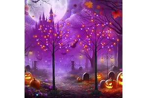 BHCLIGHT 2Pack 4FT 100LED Black Halloween Tree with Lights, Timer Function with Higher Size Black Tree with Purple and Orange Lights, Spooky Light up Trees for Indoor Outdoor Party Garden Halloween Decorations