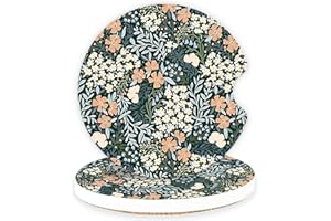 LETHOOLY Ceramic Car Coasters – Absorbent Car Cup Holder Coaster Set for Women, Cute Aesthetic Car Accessories for Girls, 2 Pack, English Garden Pattern