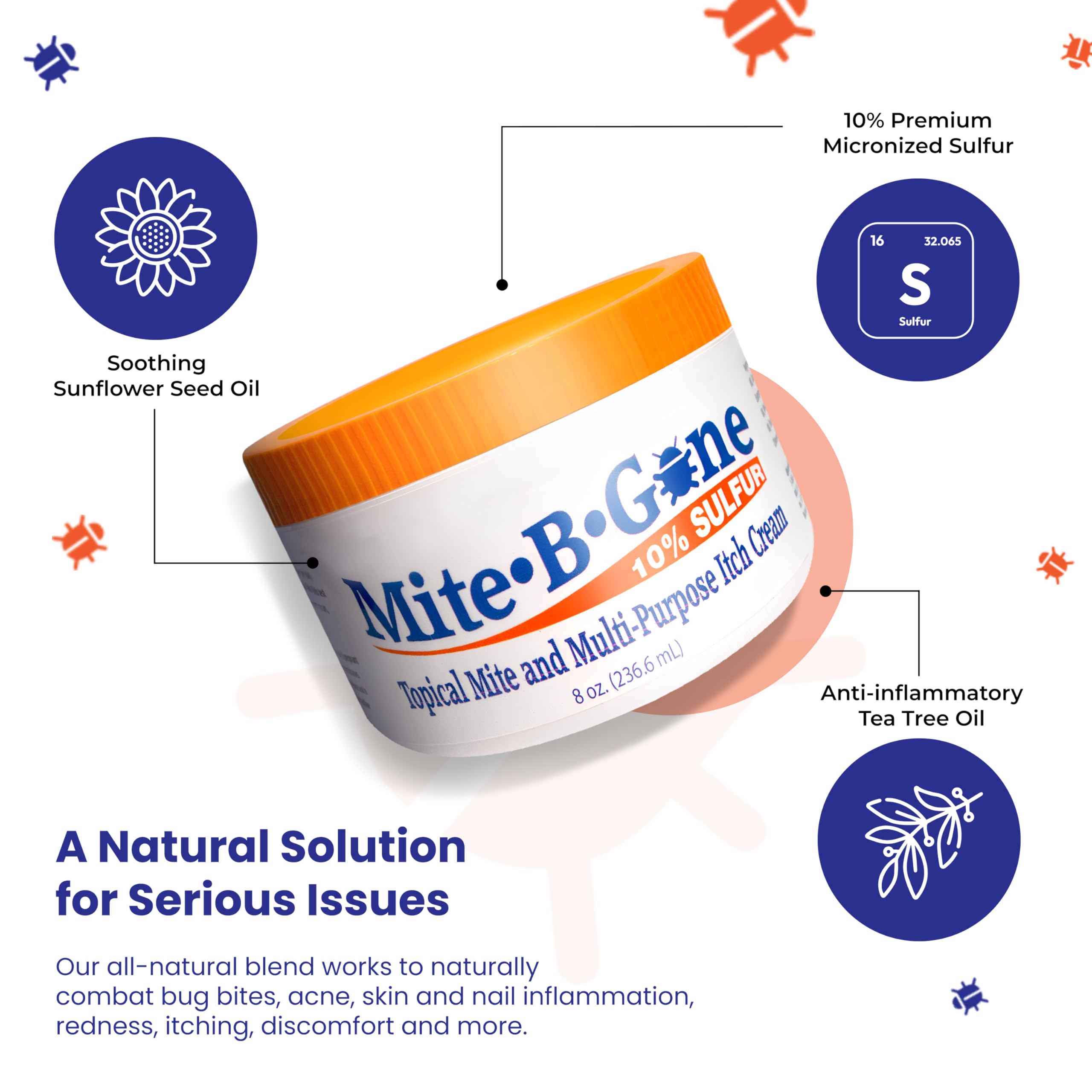 Mite Cream & Bite Relief - 10% Natural Blend Sulfur Cream for Multi-Purpose Bites, Redness, Itching, & Irritation | Safe for Kids and Adults | Fast & Effective for All Skin Types| 8 oz