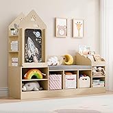 MU Kids Bookshelf with Reading Nook, Wooden Toy Storage Organizer with Chalkboard and Bench, Kids Reading Nook for Boys & Girls, Toddler Toy Shelf for Bedroom, Nursery, Playroom, Natural Oak
