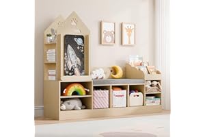 MU Kids Bookshelf with Reading Nook, Wooden Toy Storage Organizer with Chalkboard and Bench, Kids Reading Nook for Boys & Girls, Toddler Toy Shelf for Bedroom, Nursery, Playroom, Natural Oak