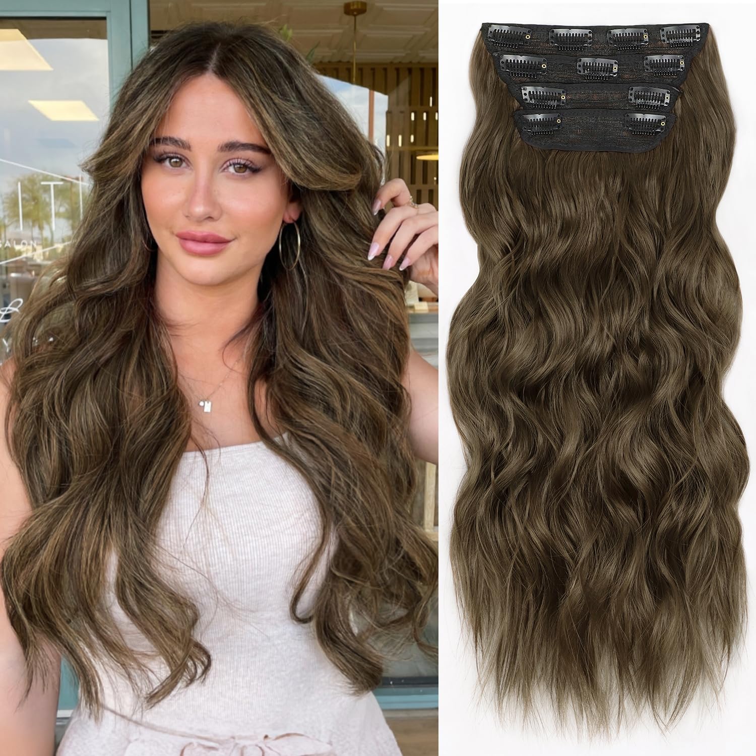Photo 1 of ALXNAN Clip in Long Wavy Synthetic Hair Extension 24 Inch Light Chestnut Brown 4PCS Thick Hairpieces Fiber Double Weft Hair for Women