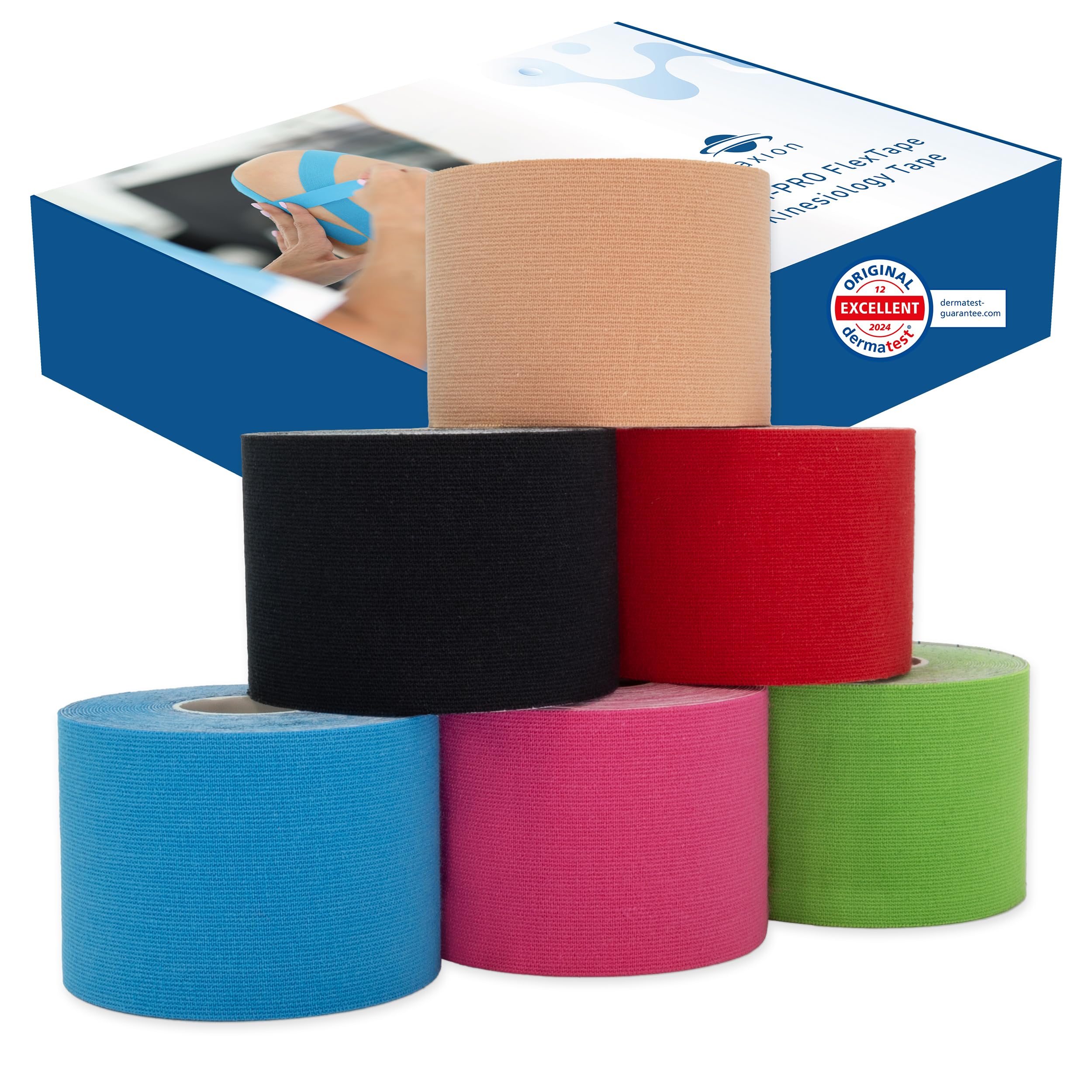Axion Kinesiology Tapes. Set of 6. Different Waterproof Colours. Skin-Friendly Elastic Self-Adhesive Bandage Physio Tape Ideal for Sports and Everyday Use on Ankle, Back, Neck, Knee, or Shoulder